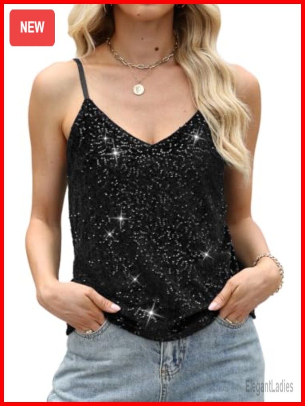 Velvet Sequin V Neck Tank Top